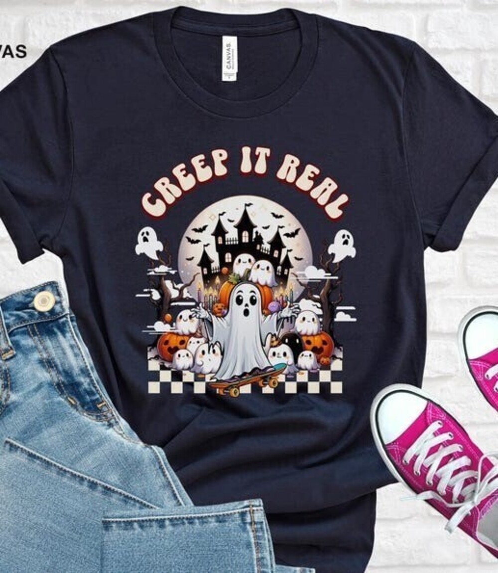 Creep It Real Halloween Shirt Cute Skater Ghost Funny T-shirt Spooky Party Tee
